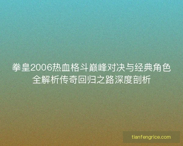 拳皇2006热血格斗巅峰对决与经典角色全解析传奇回归之路深度剖析 拳皇2006热血格斗巅峰对决与经典角色全解析传奇回归之路深度剖析